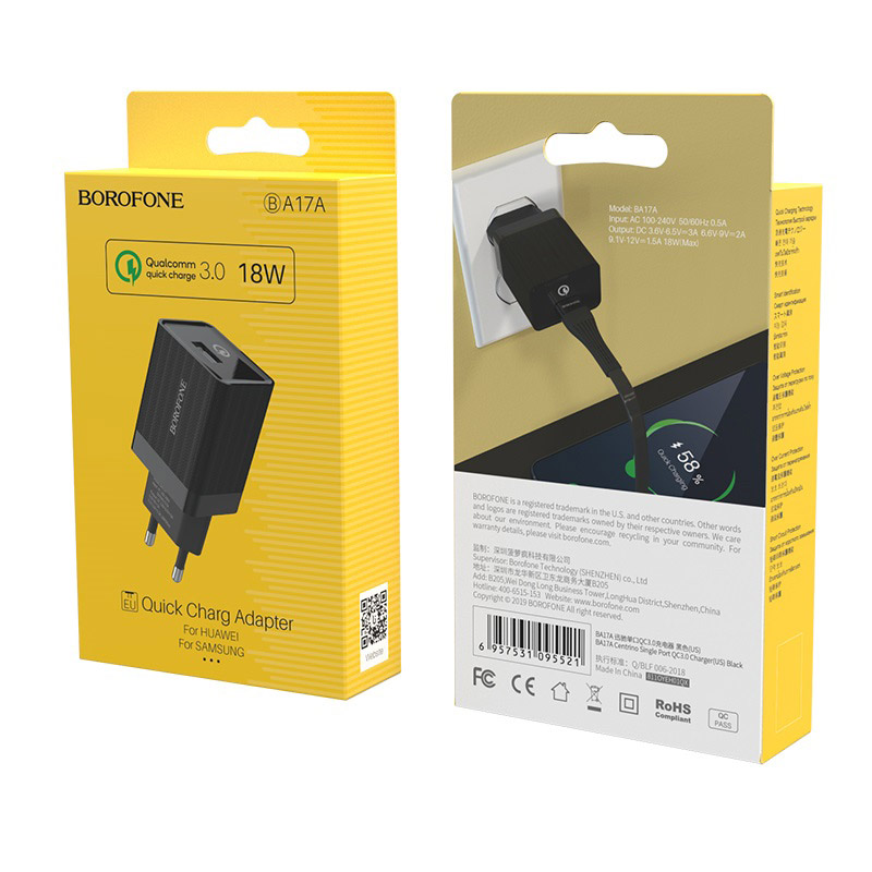 borofone ba17a centrino single usb port wall charger qc30 eu black box