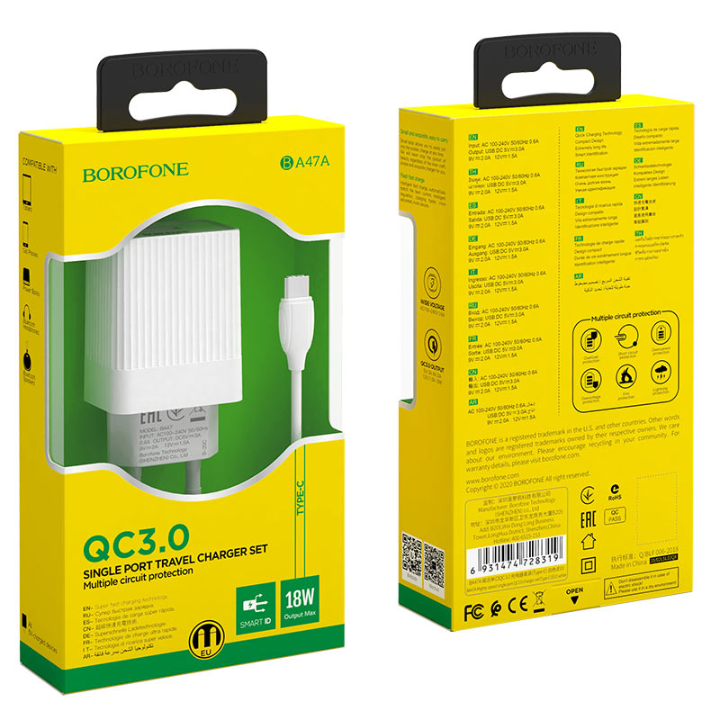 borofone ba47a mighty speed qc3 однопортовое зарядное устройство eu набор с кабелем usb c упаковки