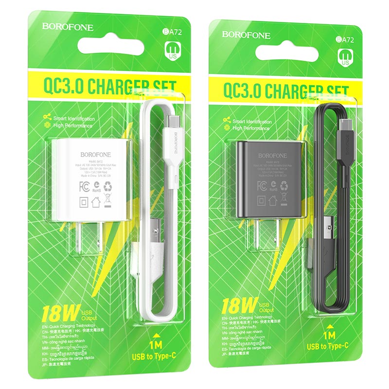 borofone ba72 spring single port qc3 wall charger us set usba usbc packaging